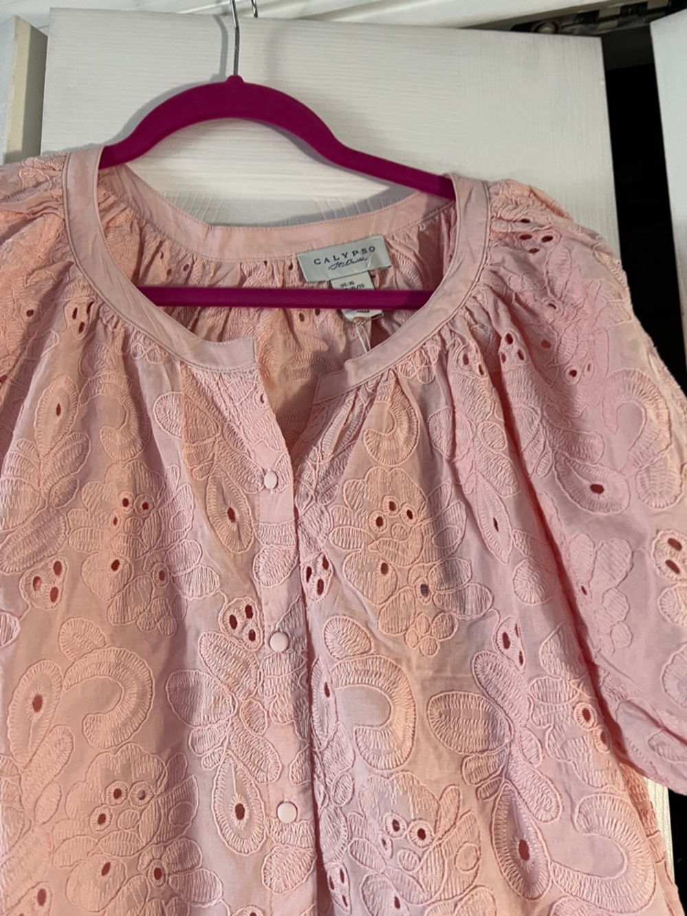 Calypso St. Barth Pink Eyelet Puff-Sleeve Button Front Blouse - Picture 4 of 11